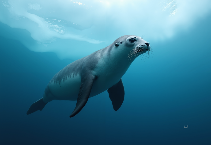 Leopard Seal swimming underwater in clear blue water