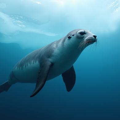 Leopard Seal swimming underwater in clear blue water