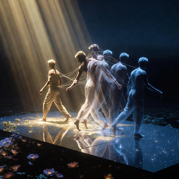 Stage performance with a central figure and others in a spotlight