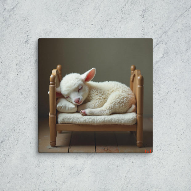 Sleeping baby lamb on a small wooden bed against a gray background