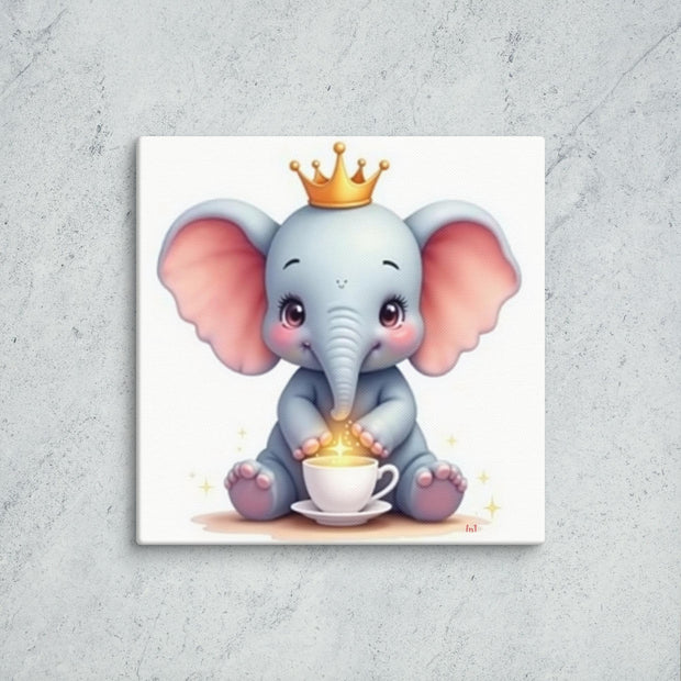 Cute baby elephant wearing a crown warming his front feet over a cup of warm tea. Childrens bedroom.