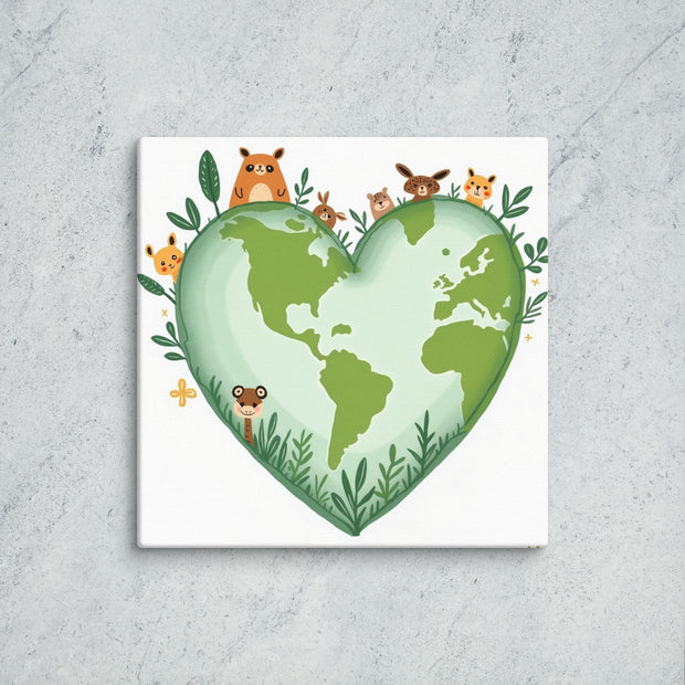 Heart-shaped world map with cartoon animals on a gray concrete background