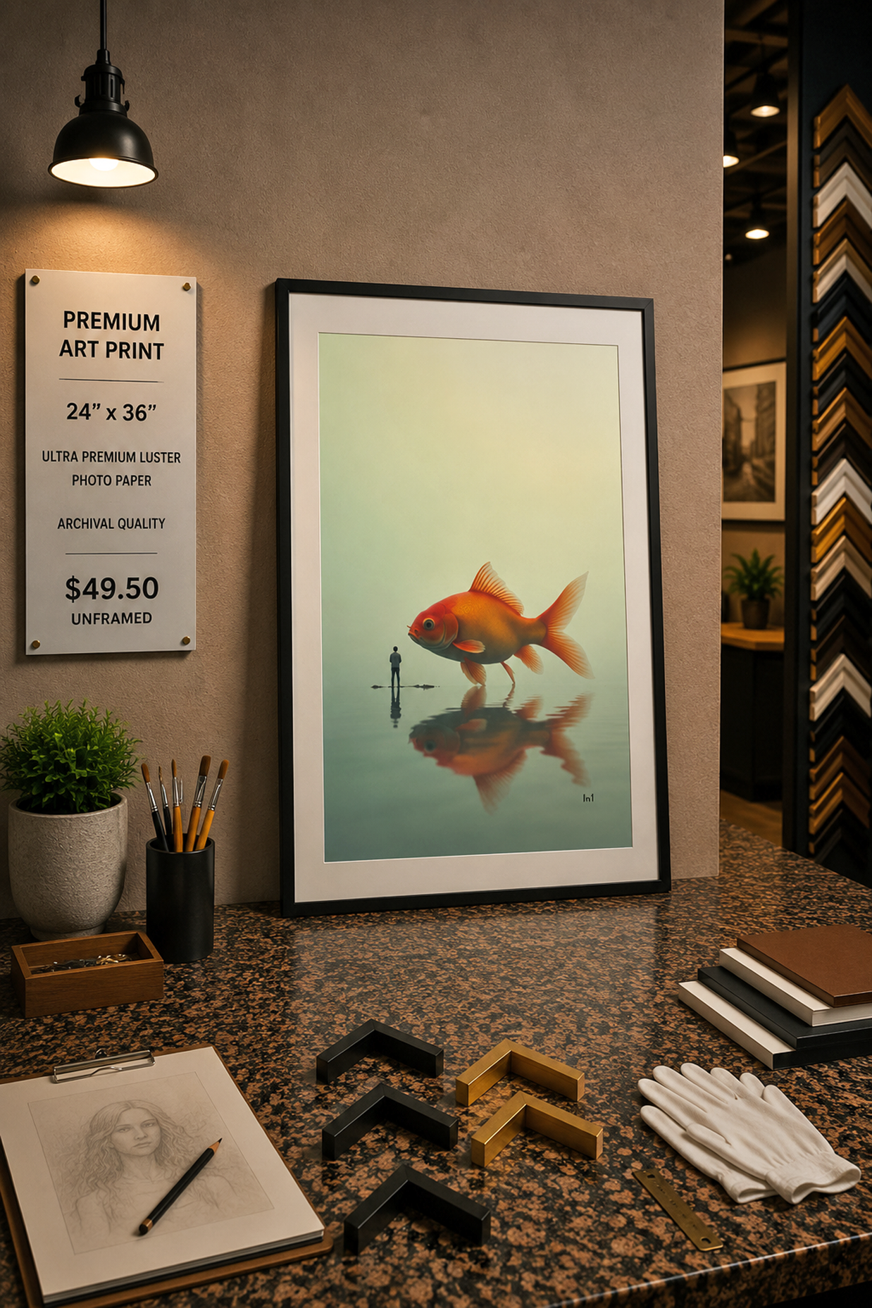 Man and Goldfish - Premium Art Print - 24"w x 36"h