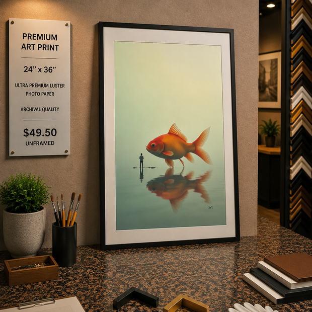 Man and Goldfish - Premium Art Print - 24"w x 36"h