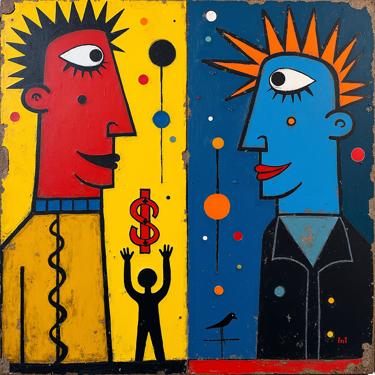 Abstract artwork with two stylized faces, one red and one blue, on a yellow and blue background. A $ sign appears prominently.