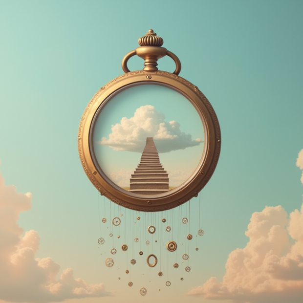 Gold pocket watch with clouds and endless stairway leading into the clouds and the blue sky