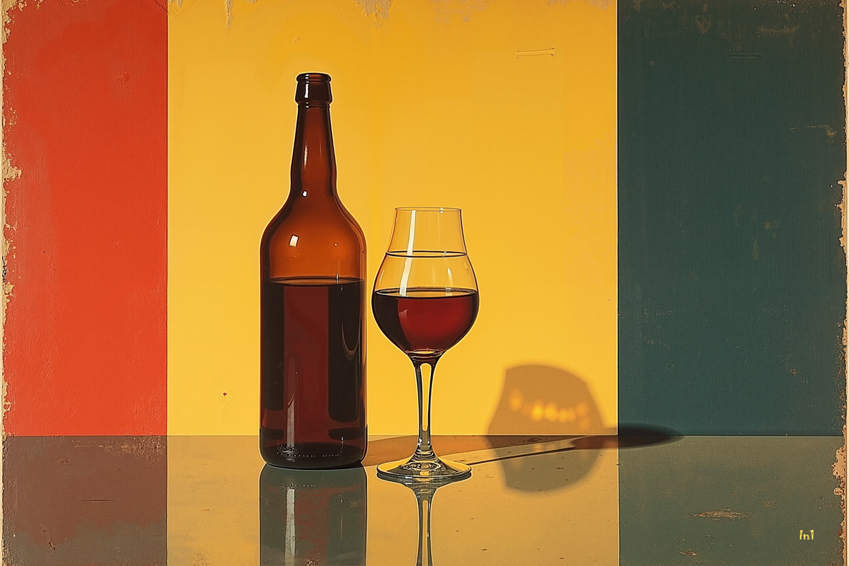 A Vintage brown bottle and glass with red liquid on a multicolored background