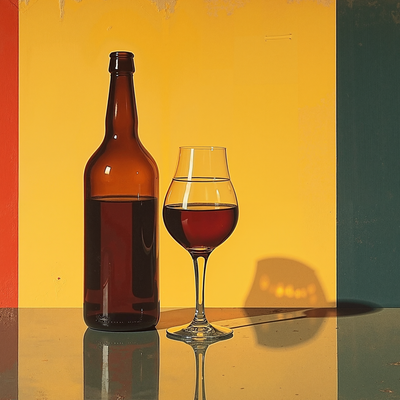 A Vintage brown bottle and glass with red liquid on a multicolored background