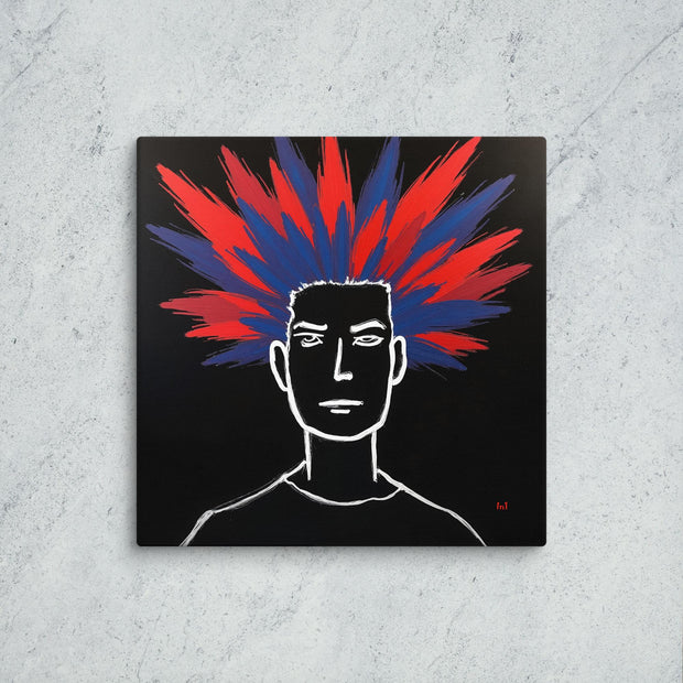 Canvas print with a stylized illustration of a person with red and blue hair on a textured gray surface.