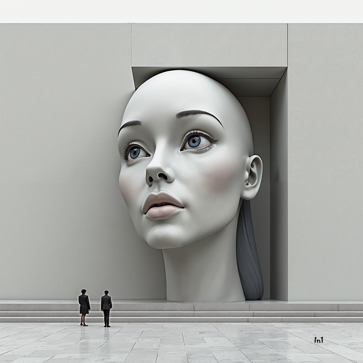 Large mannequin head embedded in a wall with two people looking at it.
