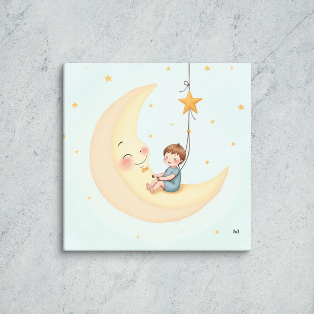 Illustration of a child sitting on a crescent moon with a star, on a light blue background.
