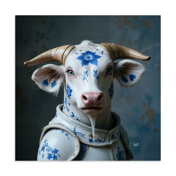 Mr. Bull has a blue floral pattern wearing a ceramic-like outfit against a dark background.