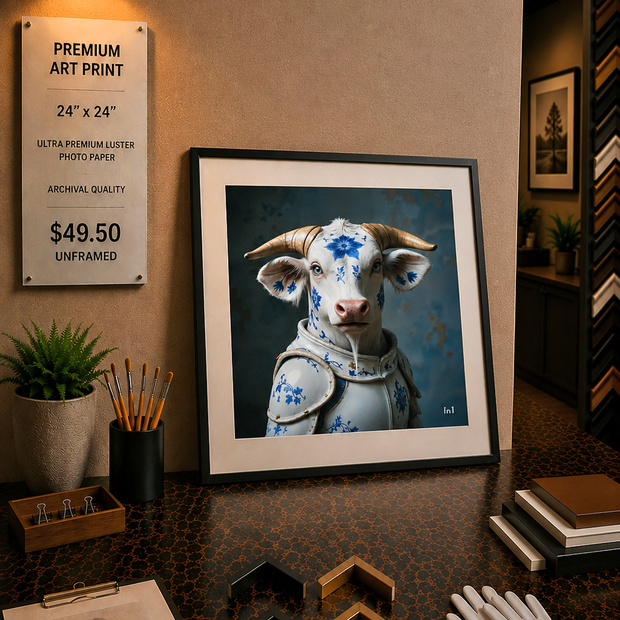 Framed art print of a cow with armor on a table with art supplies.