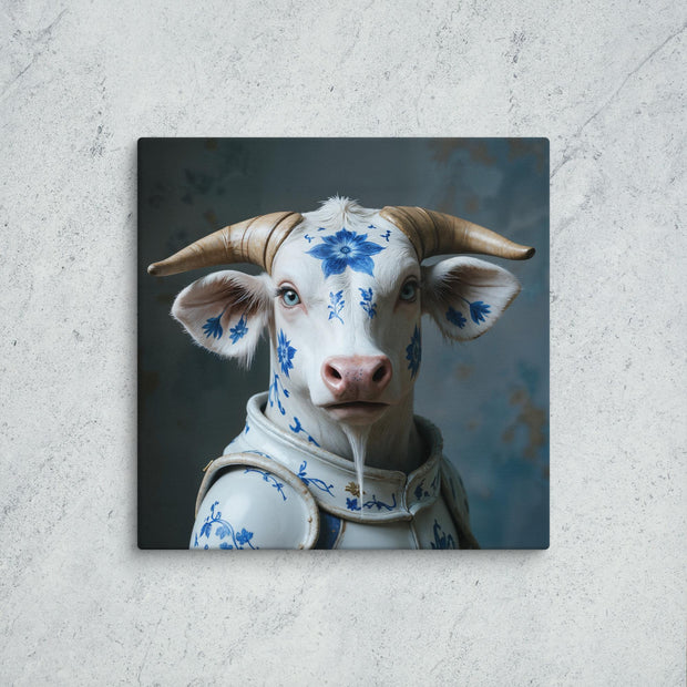 Cow with blue floral patterns on a dark background