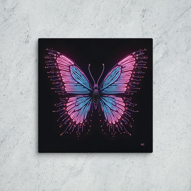 Neon pink and blue butterfly artwork on a black background