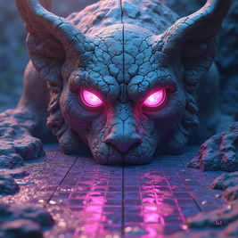 Monster-like creature with glowing pink eyes on a reflective surface