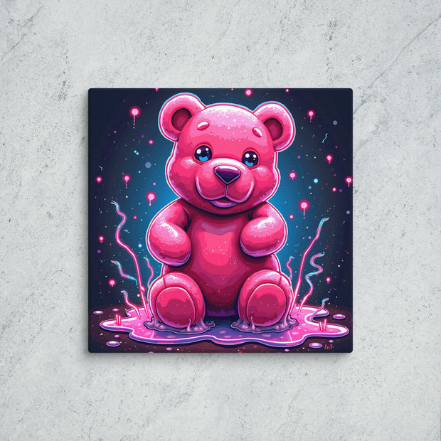Pink teddy bear illustration on a dark background with glowing effects