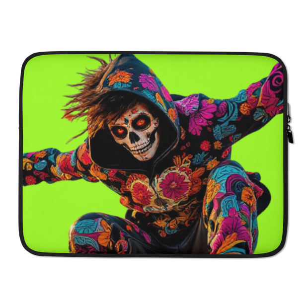A laptop sleeve featuring a vibrant graphic print of a person in a colorful floral hoodie and skull mask against a bright lime green background.