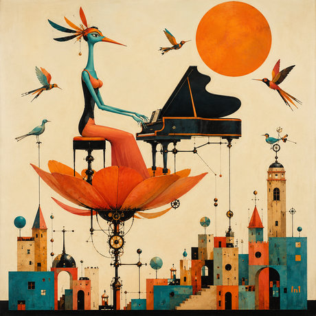 Colorful illustration of a woman playing a piano with birds and buildings in the background