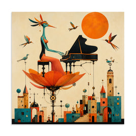 Colorful artwork of a woman playing a piano with birds and a cityscape in the background.