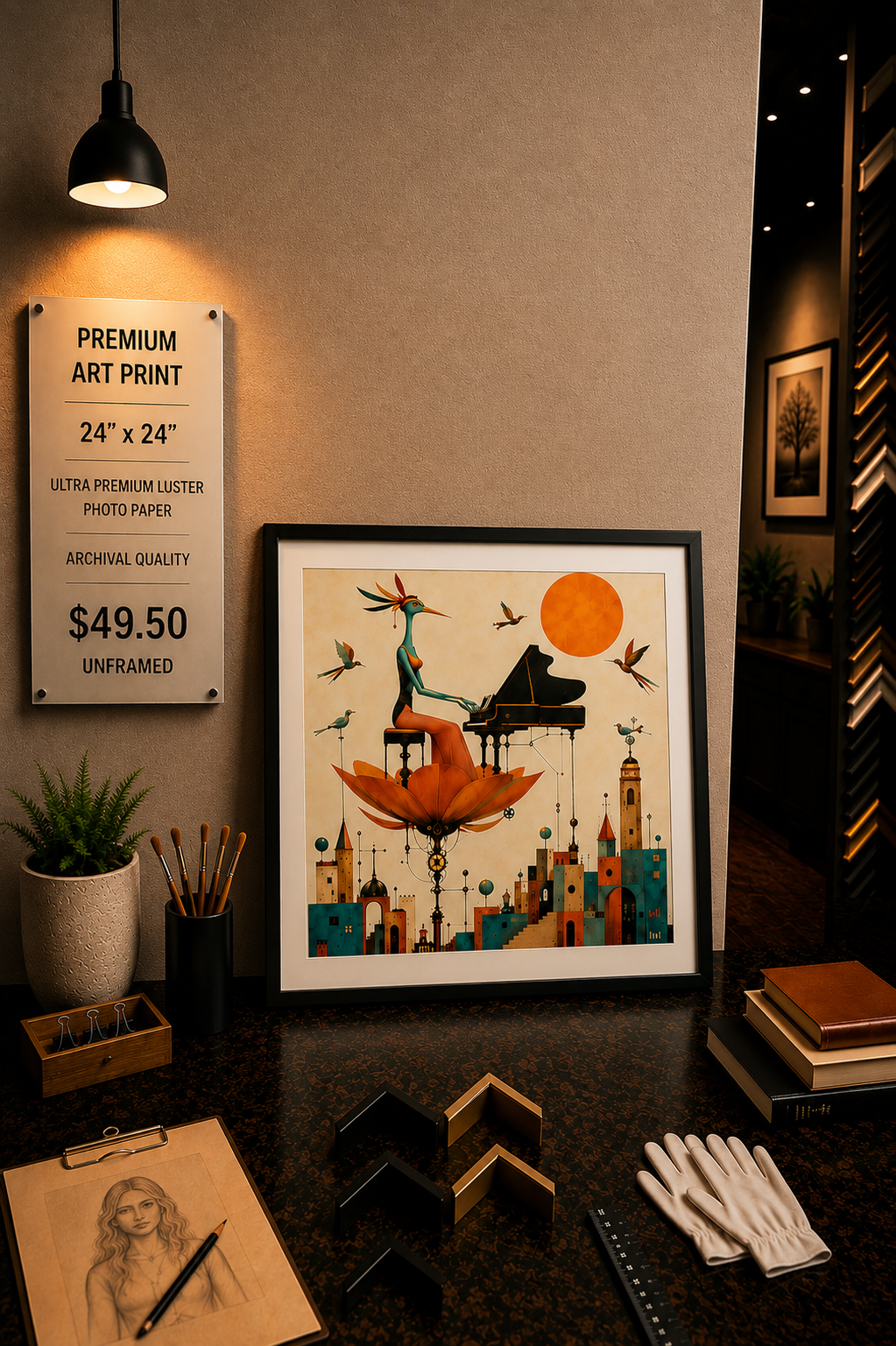 Framed art print on a desk with a lamp and decor items.