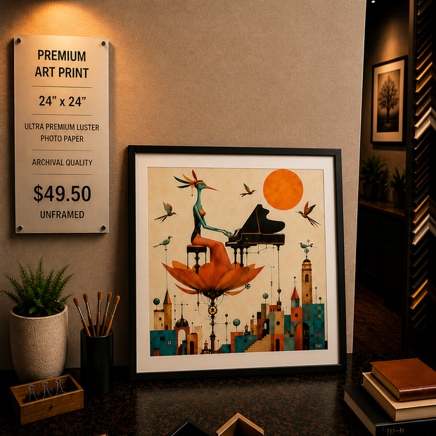 Framed art print on a desk with a lamp and decor items.