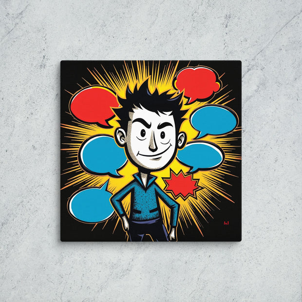 Cartoon character with colorful speech bubbles on a gray textured wall