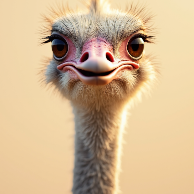 Close-up of an ostrich's face with a beige background