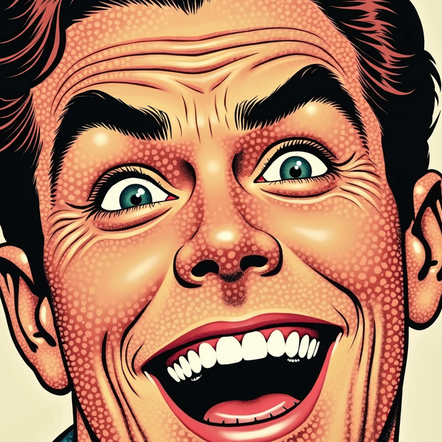 Cartoon-style illustration of a man with exaggerated laughing facial features on a beige background