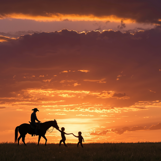 Silhouette of a person on a horse with two children at sunset, with a dramatic sky.