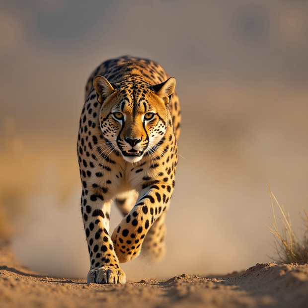 Persian Leopard running on a dirt path with a blurred natural background