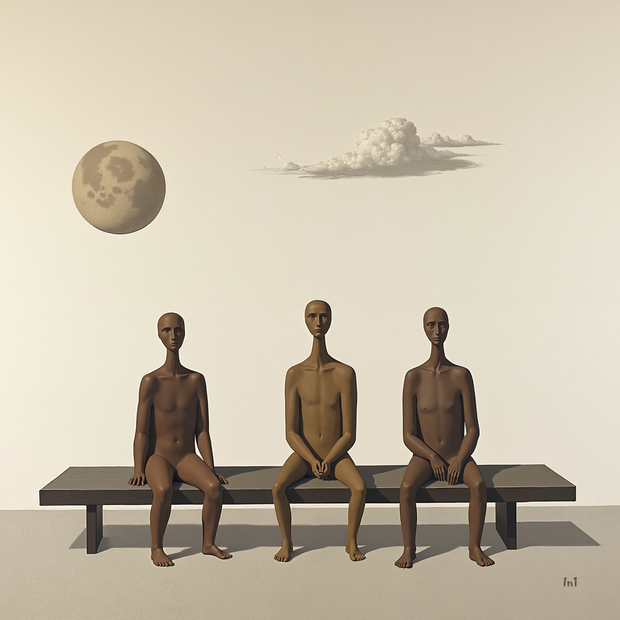 Three bronze statues sitting on a bench with a moon and cloud in the background