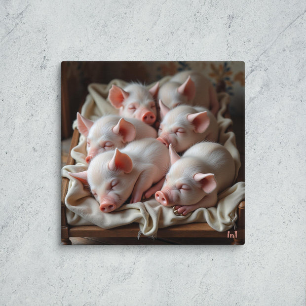 Canvas print of 6 piglets sleeping on a blanket on a small bed.