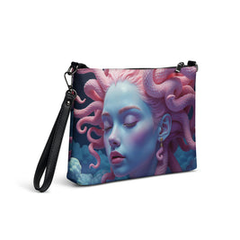 A crossbody bag featuring a detailed fantasy illustration of Pink Medusa, a mythological beauty, shown on a clean white background.