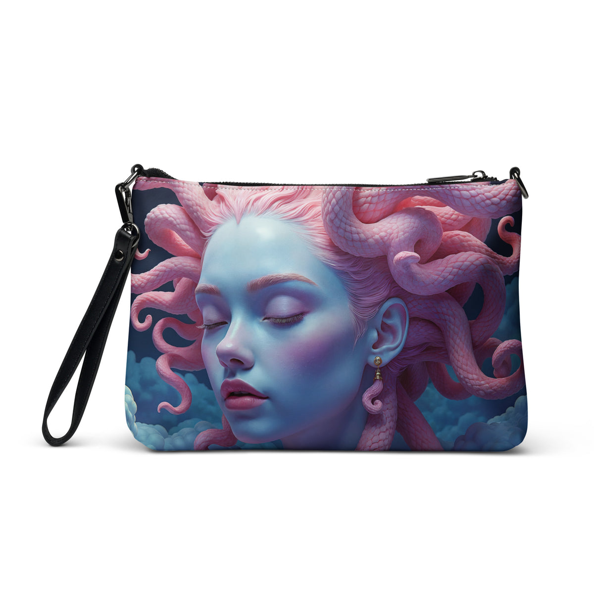 A crossbody bag featuring a detailed fantasy illustration of Pink Medusa, a mythological beauty, shown on a clean white background.