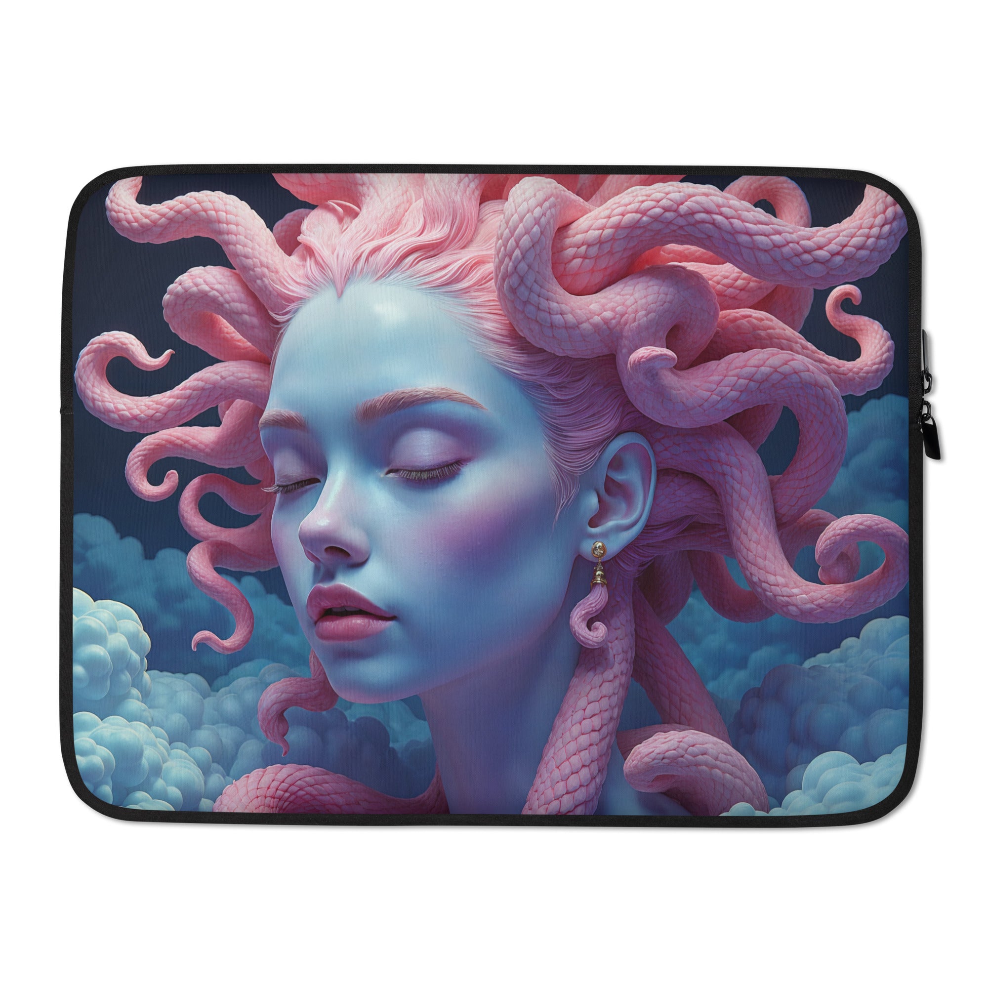 A laptop sleeve featuring a detailed fantasy illustration of a woman with pink snake-like hair on a dark blue and pink background, shown against a plain white background.