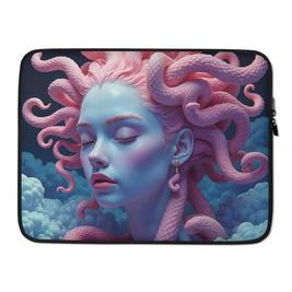 A laptop sleeve featuring a detailed fantasy illustration of a woman with pink snake-like hair on a dark blue and pink background, shown against a plain white background.