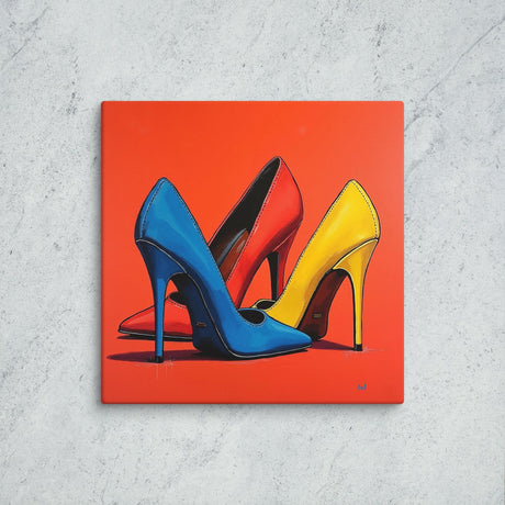 Colorful high-heeled shoes on an orange background