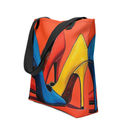 A canvas tote bag featuring a colorful graphic print of three high-heeled shoes in blue, yellow, and red-orange, with black shoulder straps, shown on a plain white background.