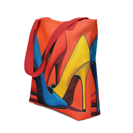 A canvas tote bag with a vibrant graphic print of three high-heeled shoes in blue, yellow, and red-orange, featuring red shoulder straps, shown on a plain white background.