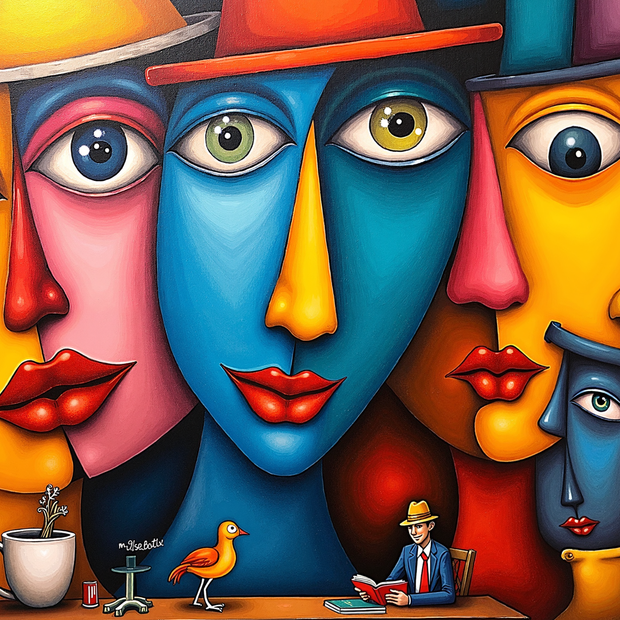 Colorful abstract faces with a small table and objects below.