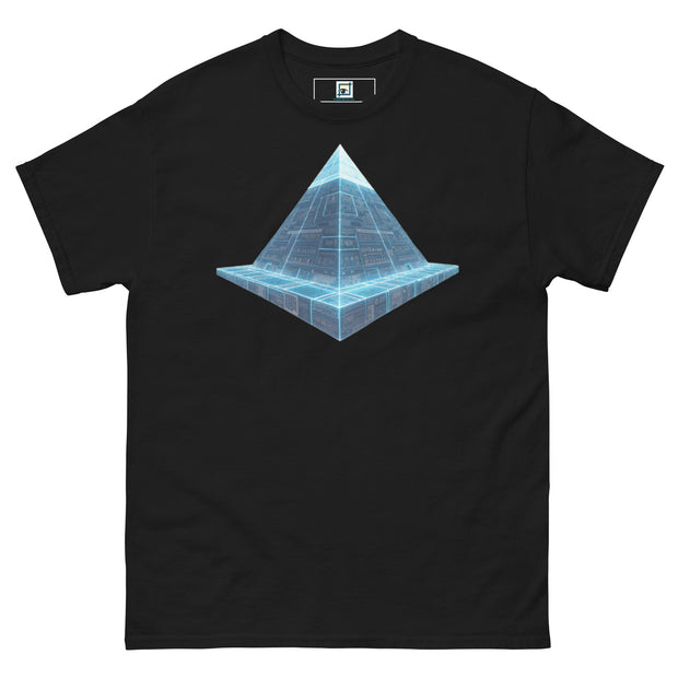 Black t-shirt with a blue geometric pyramid design on a white background