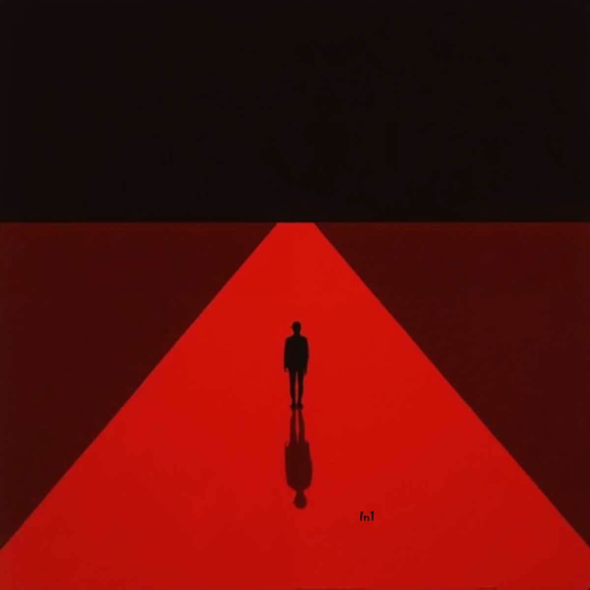 Silhouette of a person standing on a red platform in the shape of a long hallway with a black background