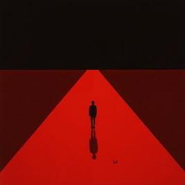 Silhouette of a person standing on a red platform in the shape of a long hallway with a black background