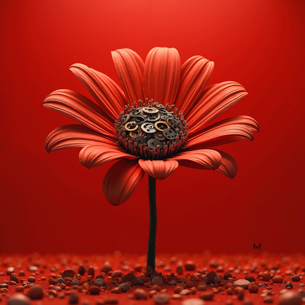 "Mechanized Bloom" - 28"h x 40"w Canvas Wall Art
