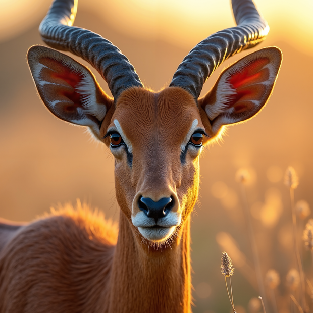 Close-up of an Red Lechwe antelope with large horns against a warm, blurred background