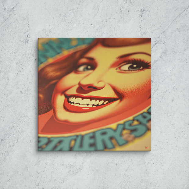 Vintage-style poster with a smiling woman's face on a textured gray surface