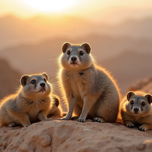 Three rock hyraxes sitting on a rocky outcrop with a warm, sunset-like background.
