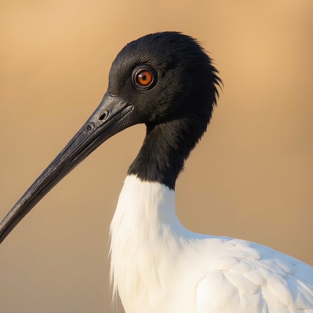 Close-up of a black-necked Sacred Ibis with a blurred brown background