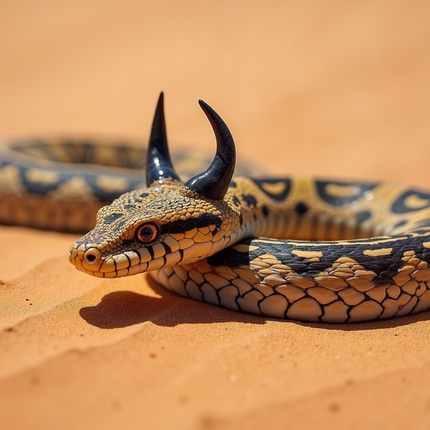 A Sahara horned viper with horn-like structures on a sandy background